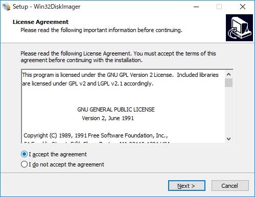 「Win32 Disk Imager」のインストール開始時に表示されるライセンス同意