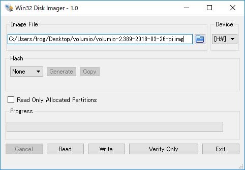 「win32diskimager」でVolumioを起動するディスクイメージを書き込む